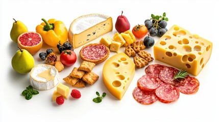Assorted fresh cheeses with fruits nuts and cured meats on a white background for gourmet food presentation and dairy product display