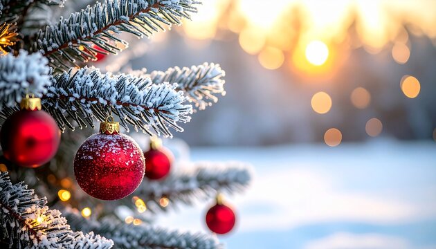 Closeup of a snowy christmas tree with red bauble decorations, festive holiday snow and glowing lights wallpaper background 