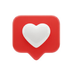 3D Render of Social Media Like Notification Icon with Heart Symbol on Red Speech Bubble for Engagement and Positive Feedback on Transparent