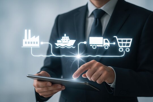 Businessman managing a digital supply chain with icons on a tablet