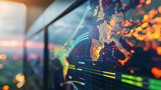 Digital world map with data visualization and network connections displayed on a large screen