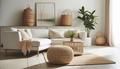 Bright and airy living room with a white sectional sofa, natural woven decor, and lush green plant