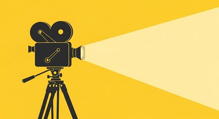 Retro Film Camera Silhouette Projecting a Luminous Beam on a Vibrant Yellow Background.