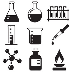 Obraz premium Collection of black and white scientific laboratory equipment icons and symbols for chemistry and research