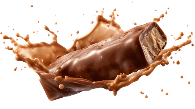 Chocolate Bar Splash: A tantalizing image of a chocolate bar amidst a splash of rich, flowing chocolate, showcasing its deliciousness and inviting visual appeal.