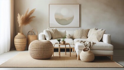 Cozy bohemian living room with sectional sofa, textured rug, and natural decor elements
