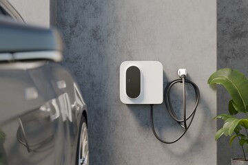 Wall-mounted EV charger on a concrete garage wall with electric car. Tidy cable loop and plant...