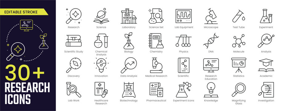 Research Stroke icon collections. Containing Science, Laboratory, Analysis, Data, Experiment and medical research Symbols icons. Editable Stroke icon collection Outline icon