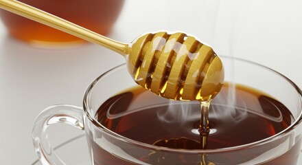 Honey dripping from spoon into steaming cup of black tea  