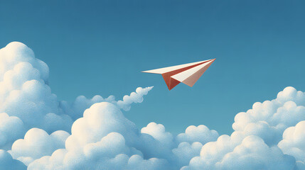 Paper Airplane Soaring High: A vibrant paper airplane cuts through a bright blue sky dotted with fluffy clouds, its upward trajectory symbolizes hope and flight in a dreamy, illustrative style.