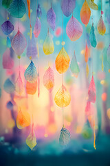 Enchanting Feather Cascade: An artistic display of delicately suspended feathers in a vibrant array of pastel hues. Captured in a whimsical scene that evokes a sense of serenity and visual poetry.