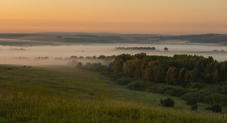 Obraz premium Russia. South of Western Siberia, Altai Krai. Thick fog in the hollows and hollows of hilly steppes with sparse trees at dawn of a summer day.