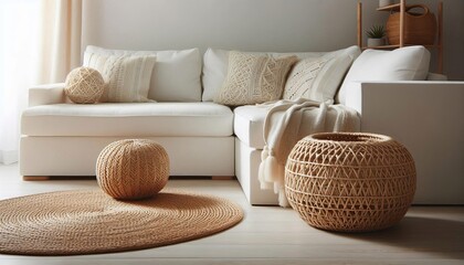 Cozy living room with a white sectional sofa, textured pillows, and natural fiber decor