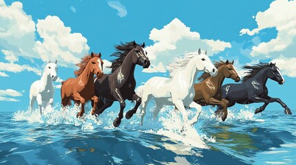 A group of horses galloping on the sea, in the style of a realistic photo, with a blue sky and white clouds in the background.