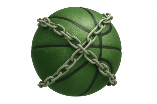 Basketball enclosed by metallic chains, symbolizing athletic constraints, against transparent backdrop