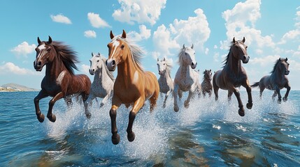 A group of horses galloping on the sea, in the style of a realistic photo, with a blue sky and white clouds