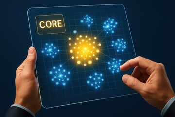 Futuristic holographic display showing network core and connections