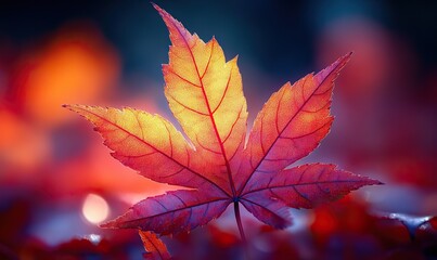 A stunning vibrant autumn maple leaf backlit against a blurred forest background