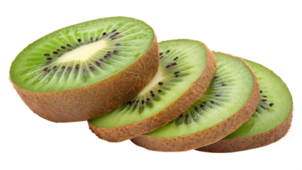 Freshly sliced kiwi fruit with vivid green flesh cut out on PNG. AI GENERATED.