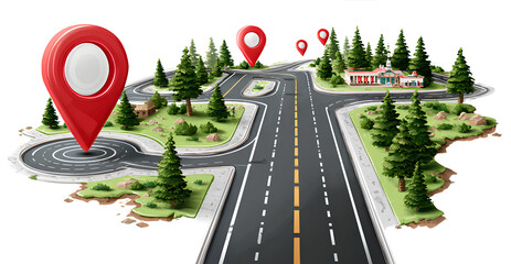 road with red markers, on the right side of the map there is a path leading to the target point. PNG