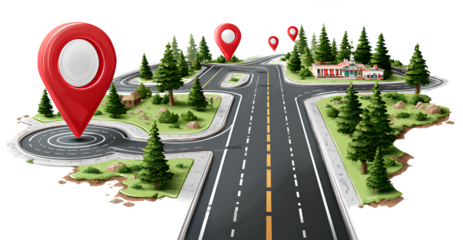 road with red markers, on the right side of the map there is a path leading to the target point. PNG