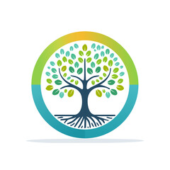 Obraz premium Tree of Life Logo in Circle with Leaves and Roots for Nature Concept