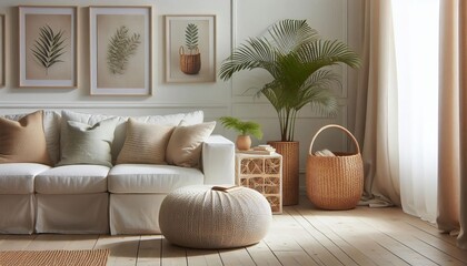 Cozy living room with a white sofa, botanical prints, and natural decor elements, creating a serene atmosphere