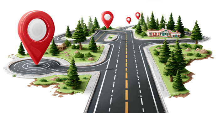 road with red markers, on the right side of the map there is a path leading to the target point. PNG