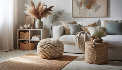 Cozy living room interior with natural textures and bohemian decor, featuring a sofa, ottoman, and woven baskets