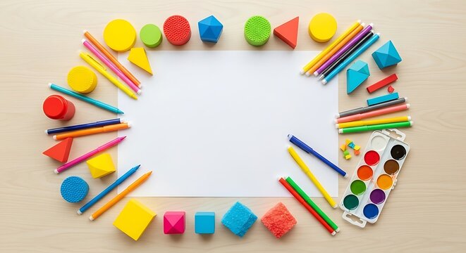 Colorful Educational Supplies on White Paper.