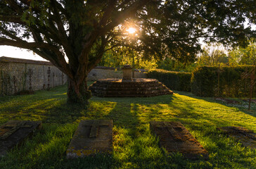 Medieval stone tombs with bas-relief crosses and a cross on an altar under a tree at dusk with the rays of the setting sun passing through the branches illuminating the green grass on the ground.