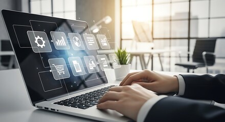 Closeup of a businessmans hands typing on a laptop with virtual icons floating above the keyboard, representing various business processes and technologies in a modern office setting