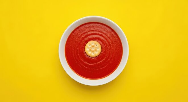 White bowl of classic tomato cream soup with a single cracker on a vibrant yellow background