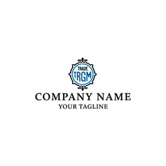 A classic company logo template featuring the letters TRGM in a blue circle with an ornate black frame and placeholder text.