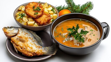 Traditional Eastern European Fish Soup and Fried Fish Served with Potatoes and Fresh Herbs on a Dark Background