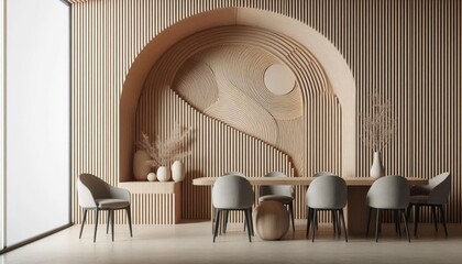 Modern dining room with arched wooden wall paneling and a long table with chairs, featuring natural light and minimalist decor