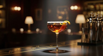 Classic Sidecar cocktail with a sugar rim and orange garnish in a luxury art deco style bar