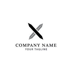 A minimalist logo design featuring a stylized letter X formed by two crossed, pointed shapes in black and grey, with placeholder text for a company name.