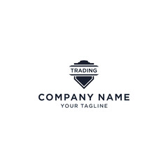A modern and minimalist logo design for a trading company, featuring a dark geometric shield emblem with placeholder text for name and tagline.
