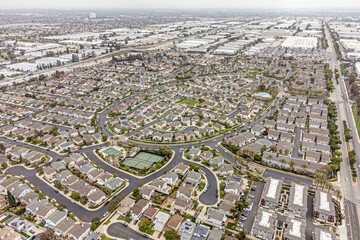 Carson, Los Angeles LA County, CA, California, May 9, 2024: Aerial Drone City View toward...