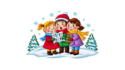 Children singing Christmas carols in snow on transparent background