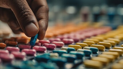 Fototapeta premium Meticulous Selection - A Focused Hand Choosing a Blue Capsule from Colorful Rows of Pills.
