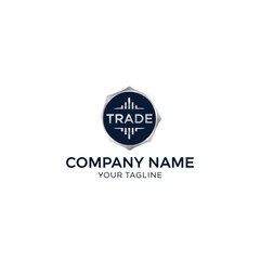 A modern corporate logo design for a trading company featuring a dark blue emblem with the word TRADE and stylized bar graphs.