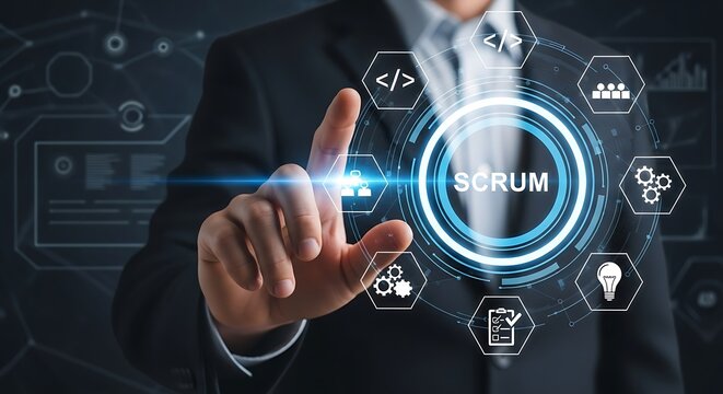 Businessman using a scrum concept on a virtual screen to improve project management, software development, and agile methodology in the company for better team collaboration