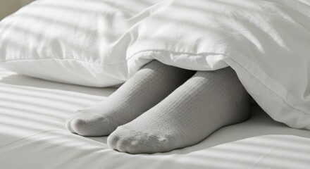 Cozy feet in grey socks peeking out from under white blanket  