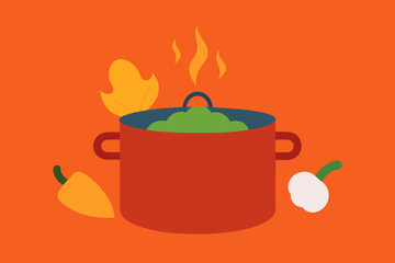 Red pot cooking healthy green food with vegetables and flames