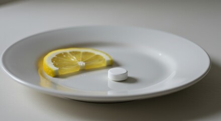 Lemon slice and tablet on white plate in minimalist style  