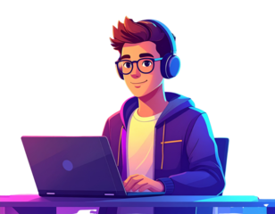 デジタル作業中のプログラマーキャラクター イラスト