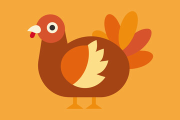 Cute cartoon turkey with colorful feathers on orange background