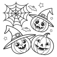 Halloween with stylized witch hat, smiling pumpkins and bloody or melted coloring page vector black on white background